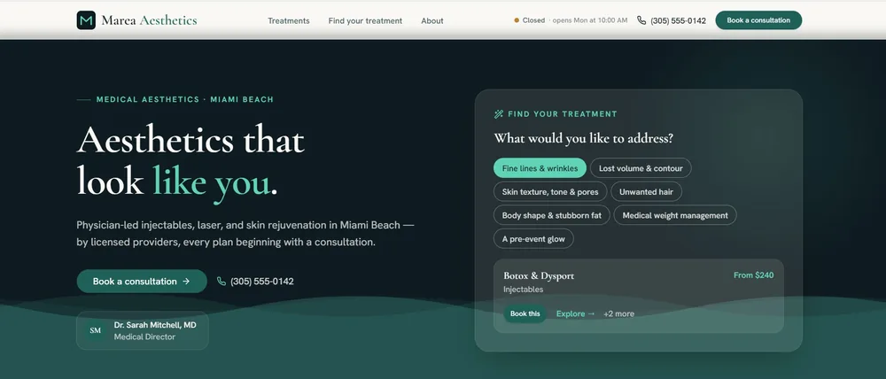 Homepage of Marea Aesthetics, the med spa website template