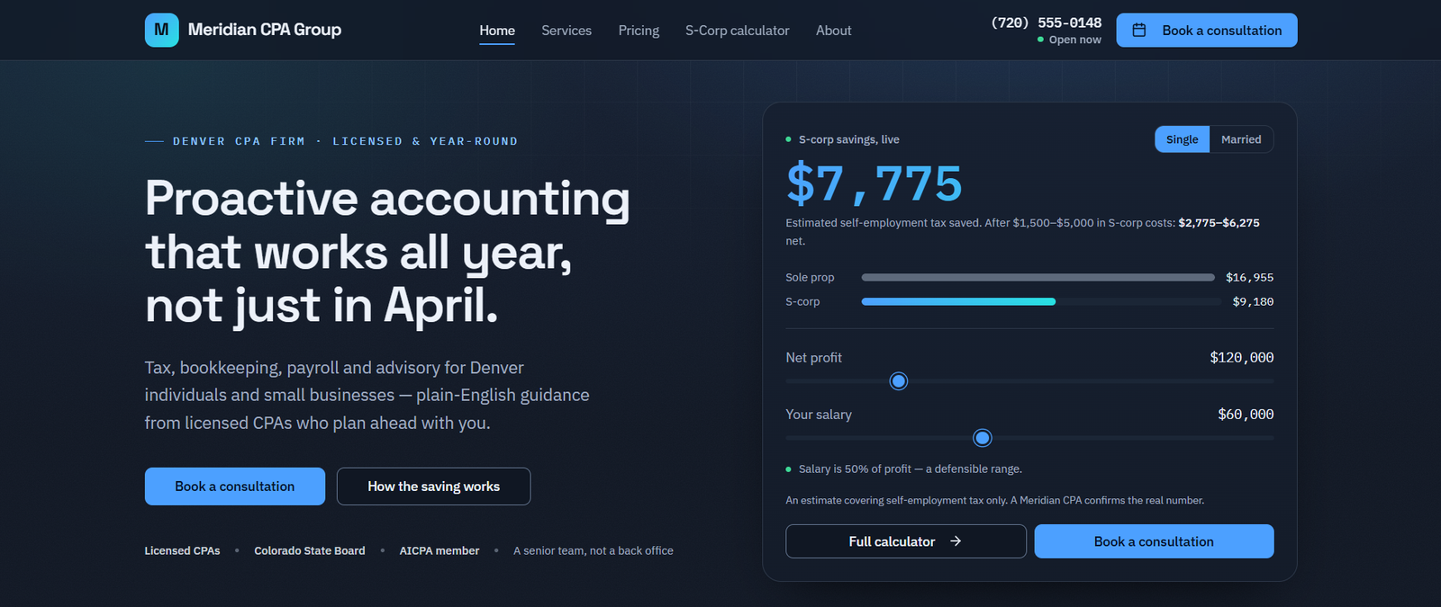 Homepage of Meridian CPA Group, the accounting website template