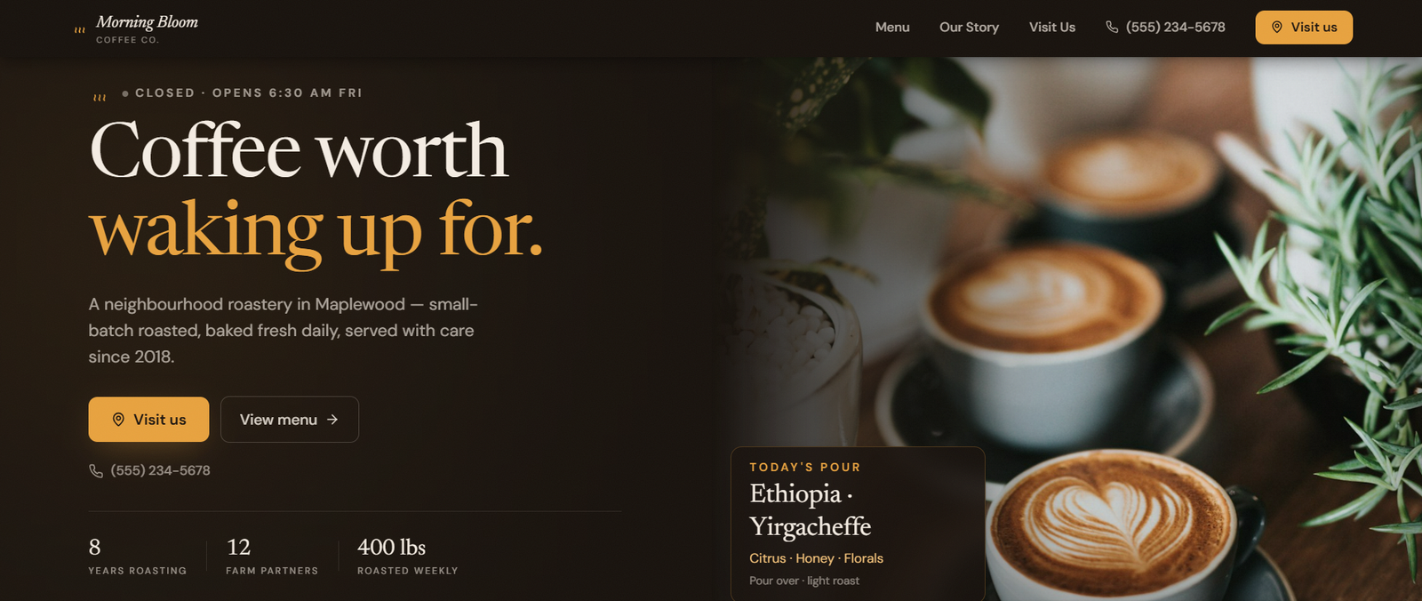 Homepage of Morning Bloom Coffee, the café / roastery website template