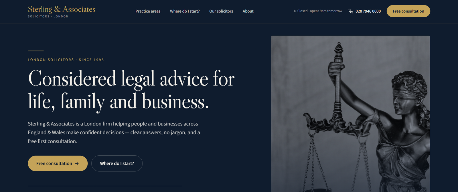 Homepage of Sterling & Associates, the law firm website template