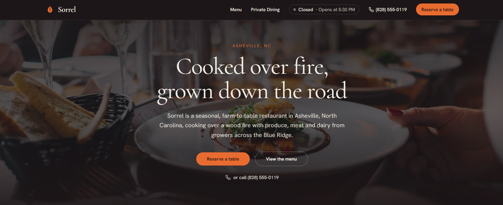 Homepage of Sorrel, the restaurant website template