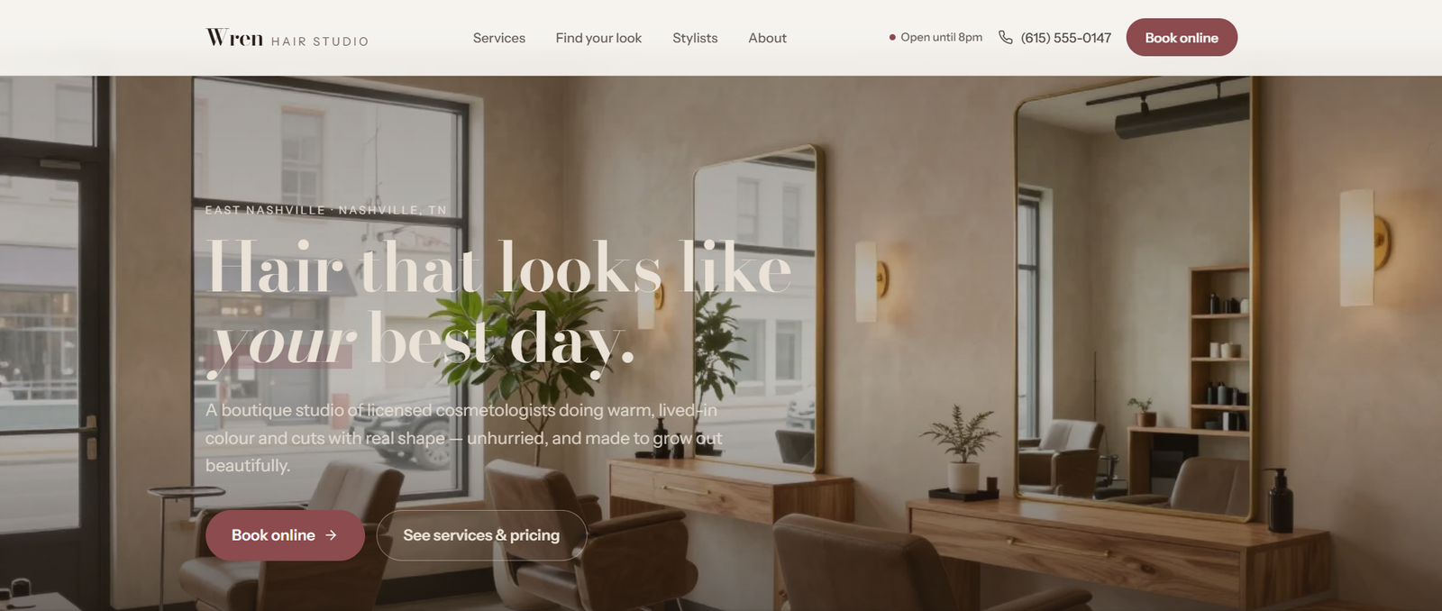 Homepage of Wren Hair Studio, the hair salon website template