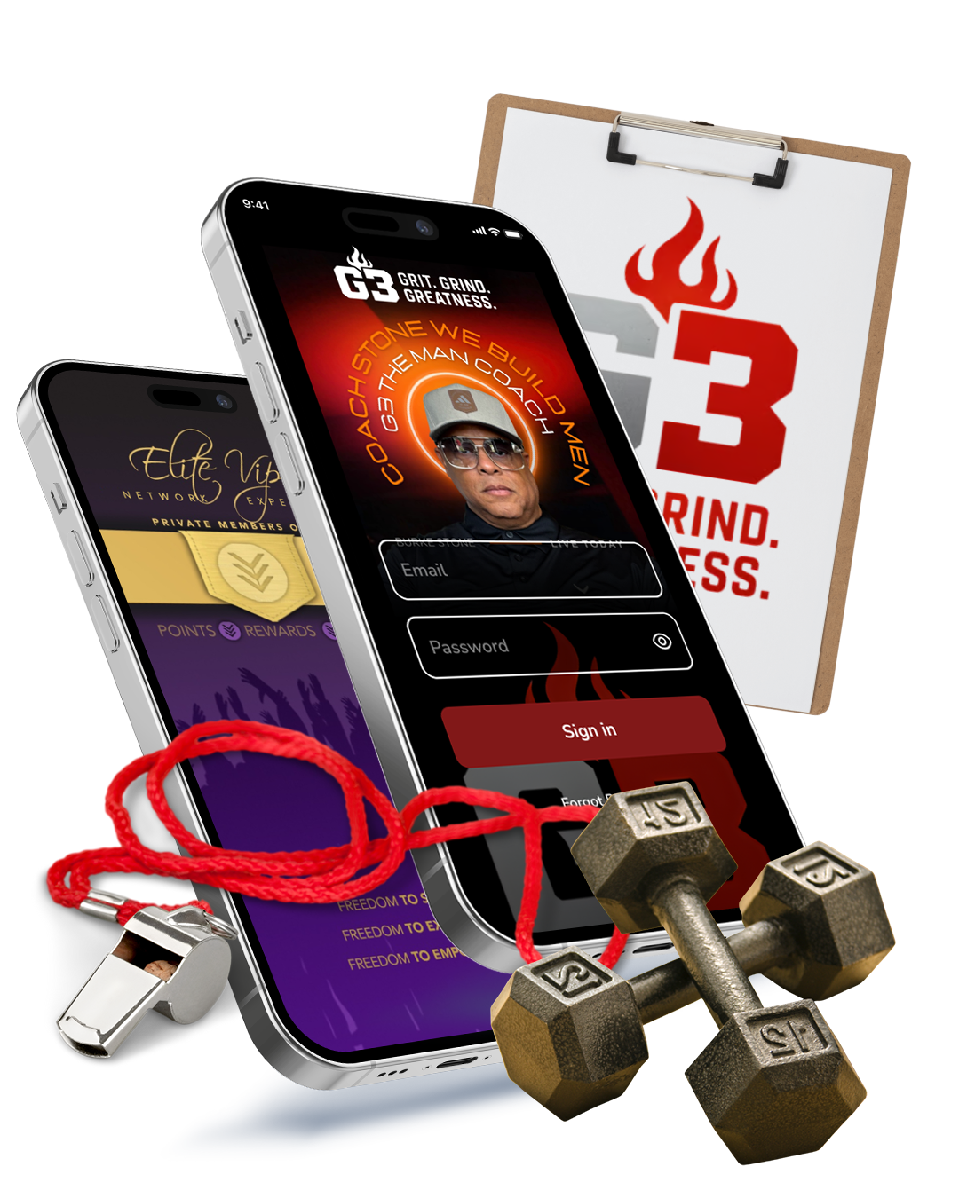 G3 VIP App promotional display with iPhones, G3 logo, dumbbells, whistle, and clipboard