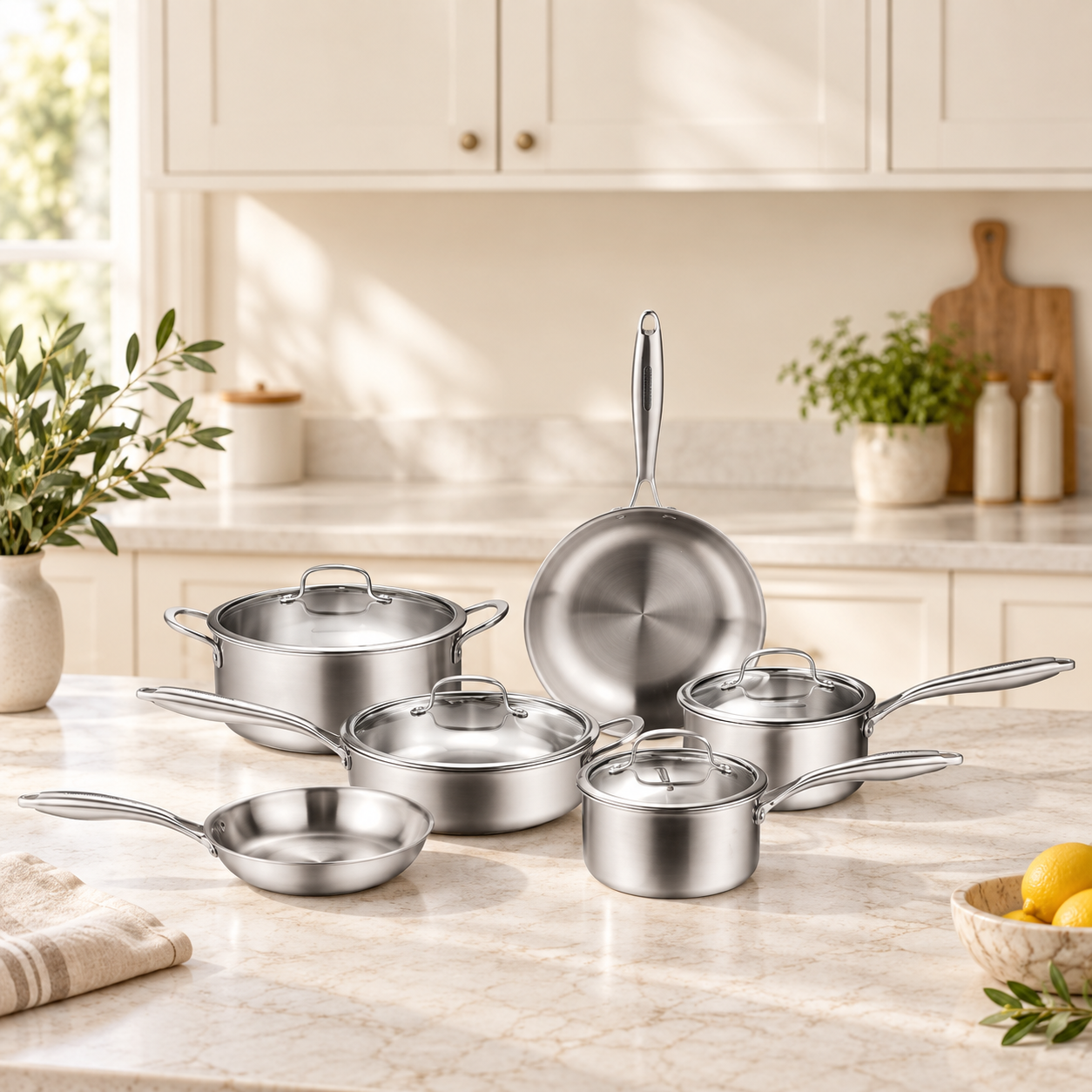 Stainless steel cookware and lids arranged on a light kitchen island