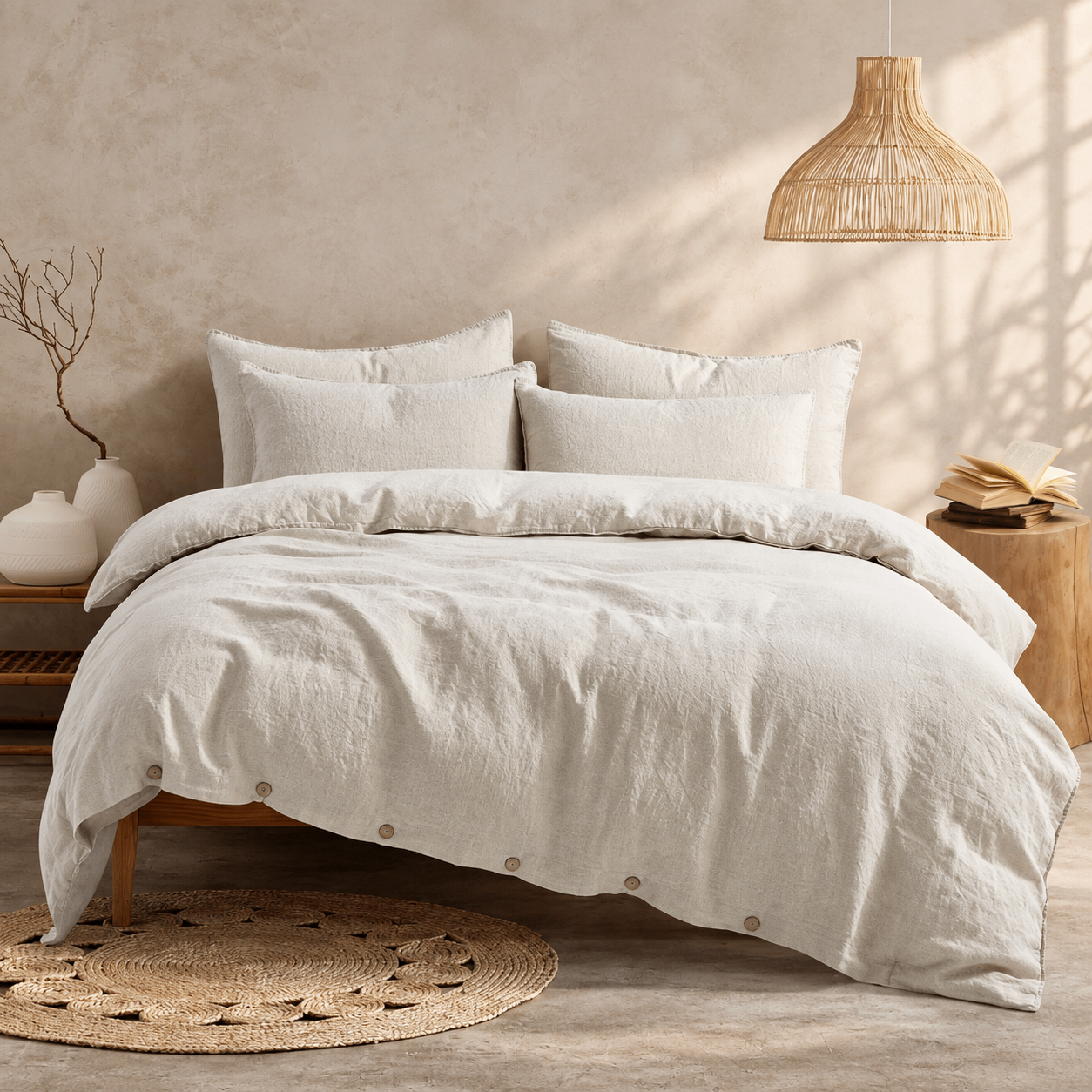 Ivory washed linen duvet and pillows on a wooden bed in soft warm daylight