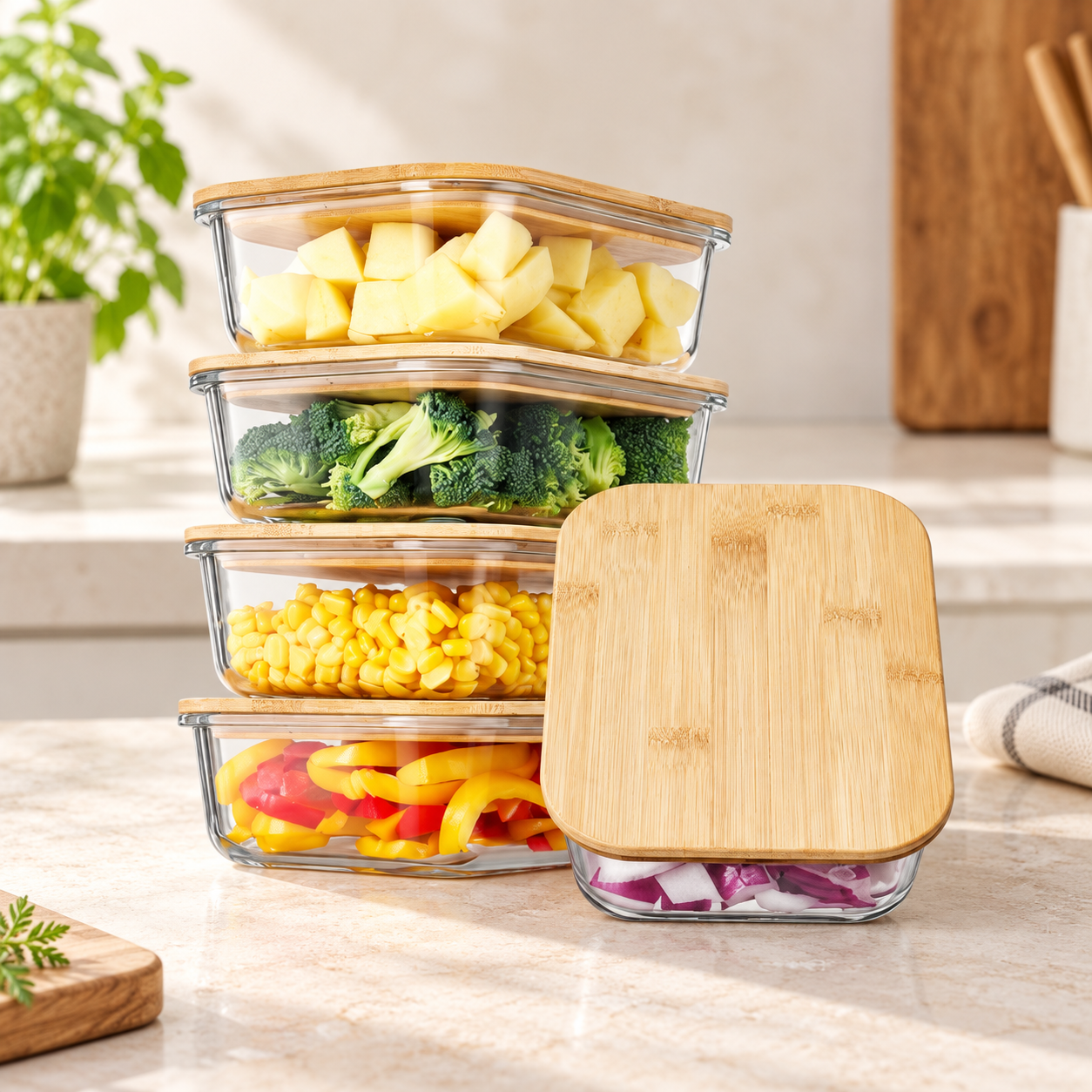 Clear glass food storage containers with bamboo lids in a warm neutral kitchen