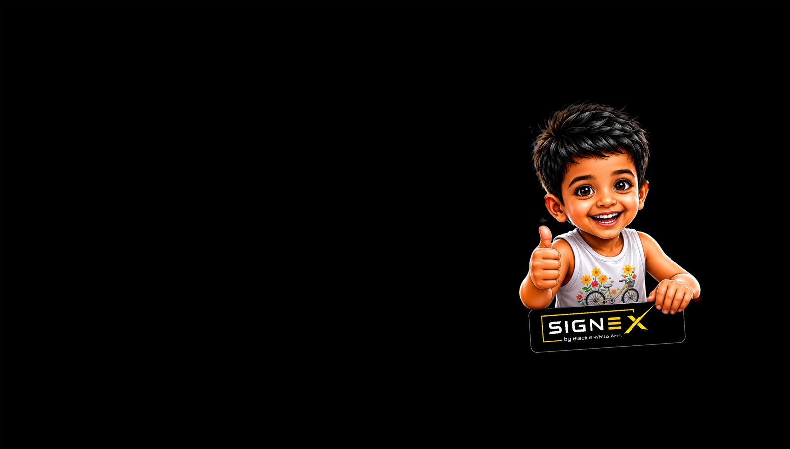 SIGNEX cartoon mascot holding our sign board