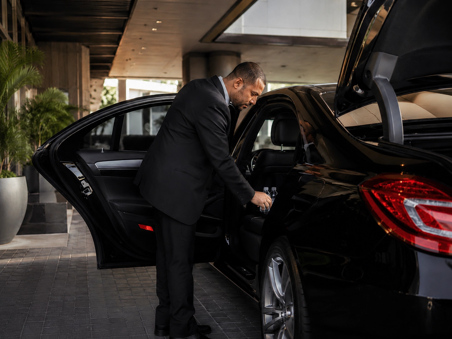 Motorista Destino7 preparando o interior do veículo executivo antes do atendimento