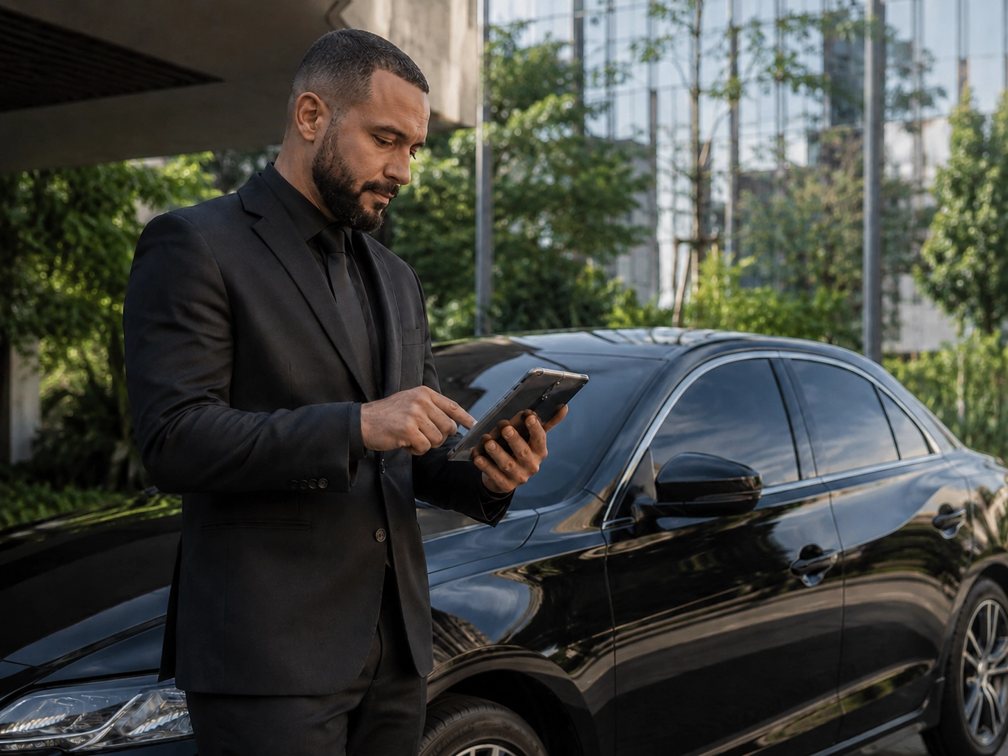 Coordenador Destino7 conferindo o atendimento no tablet ao lado do sedan
