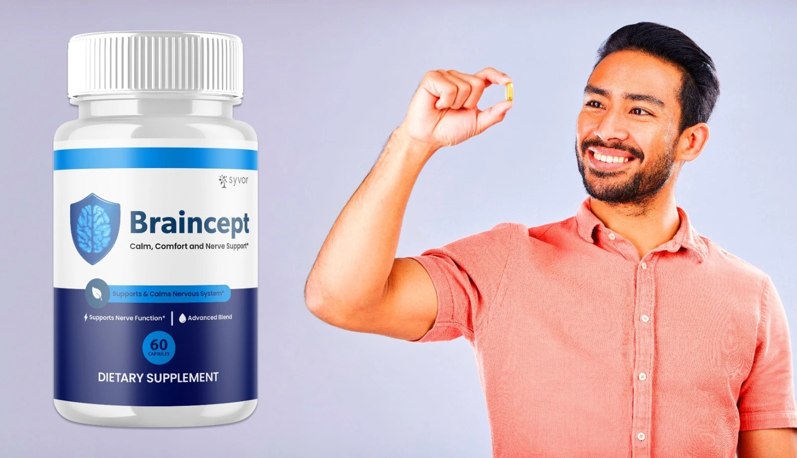 Braincept bottle beside a person holding a capsule