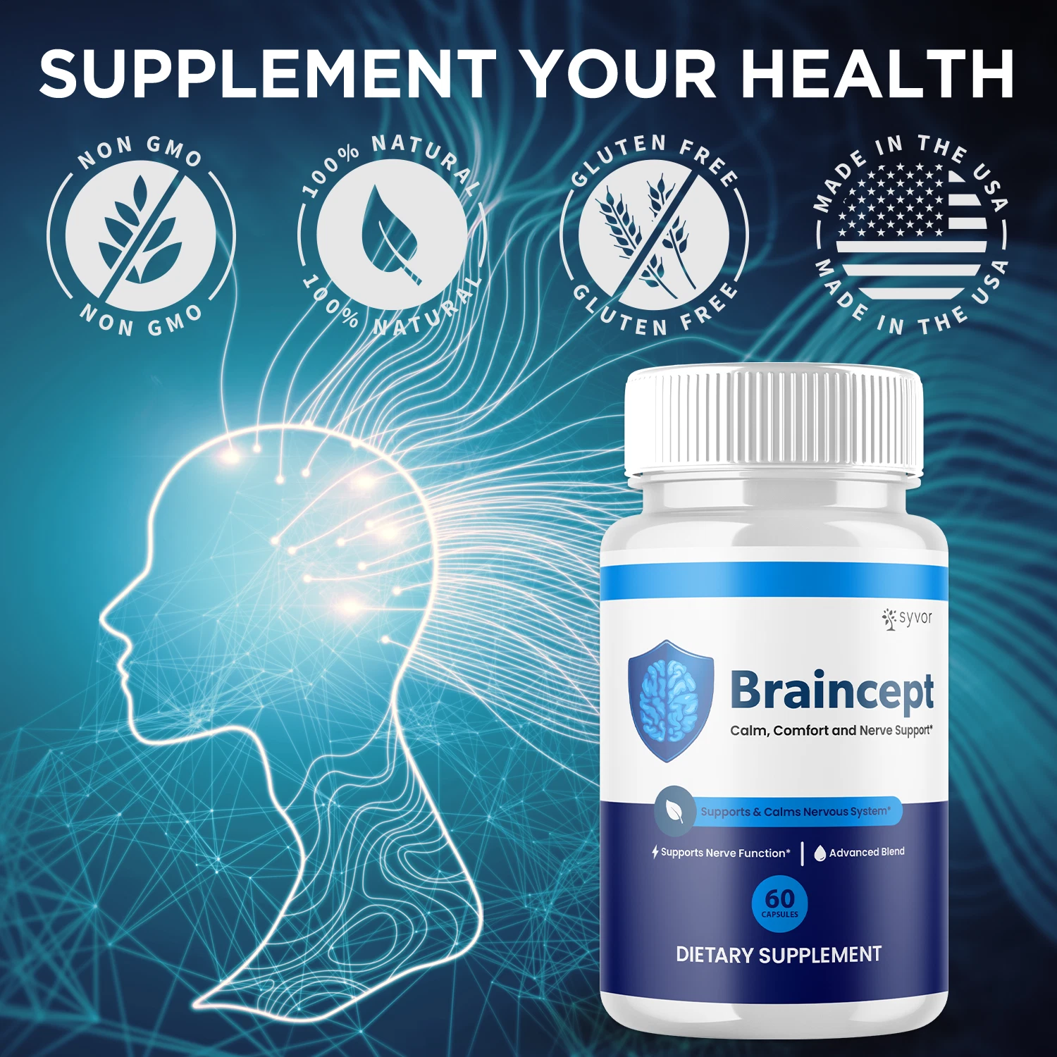 Braincept bottle with a visual illustration of cognitive wellness