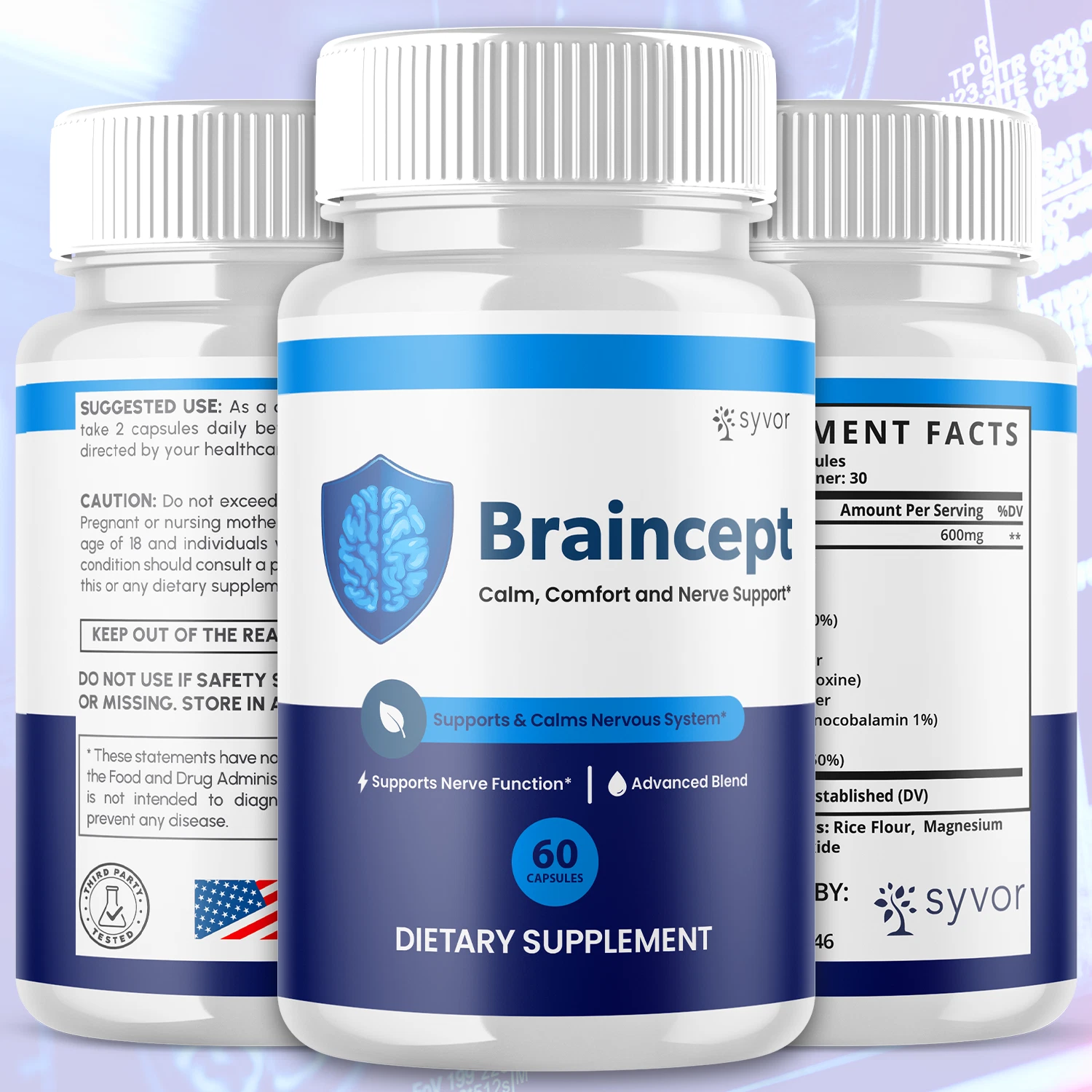 Three Braincept bottles shown together