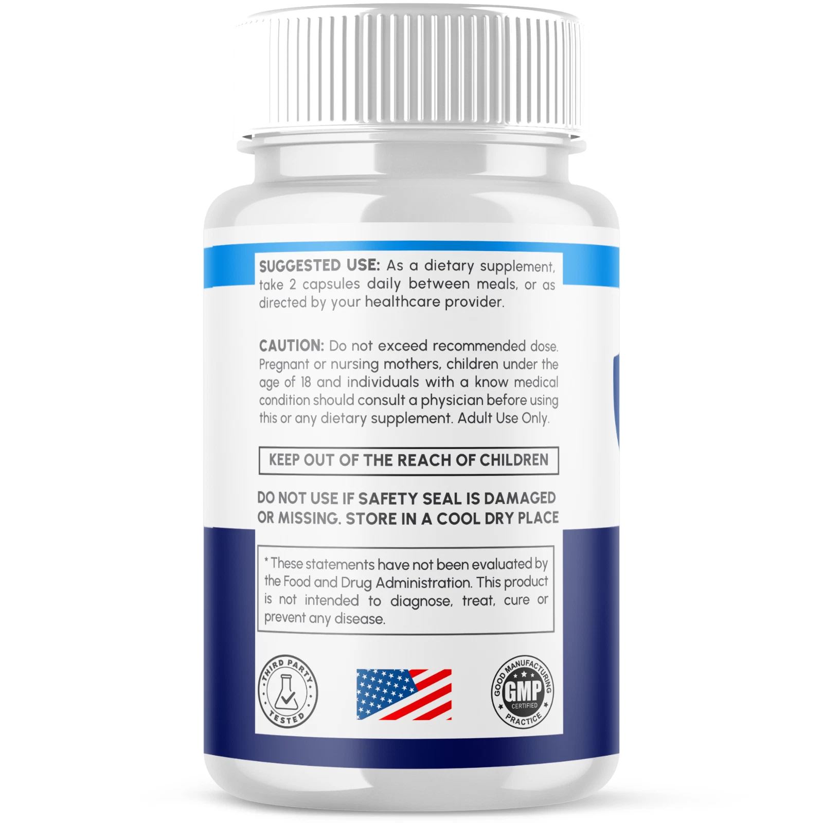 Back label of Braincept bottle showing suggested use and caution information