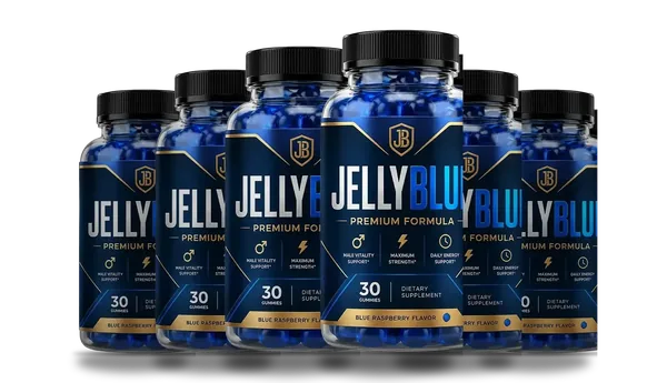 Six JellyBlue Gummies bottles