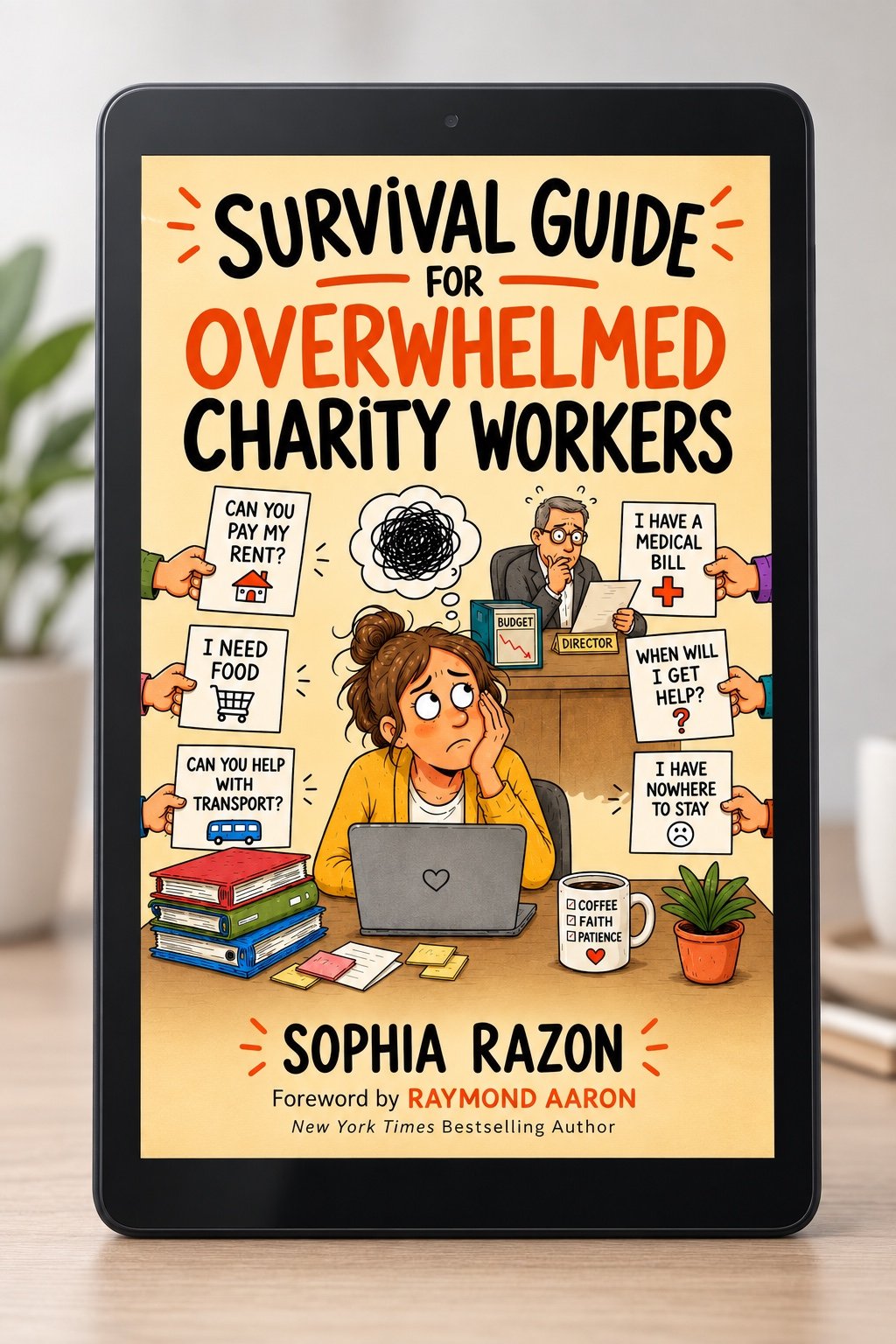 Kindle edition of Survival Guide for Overwhelmed Charity Workers on a tablet