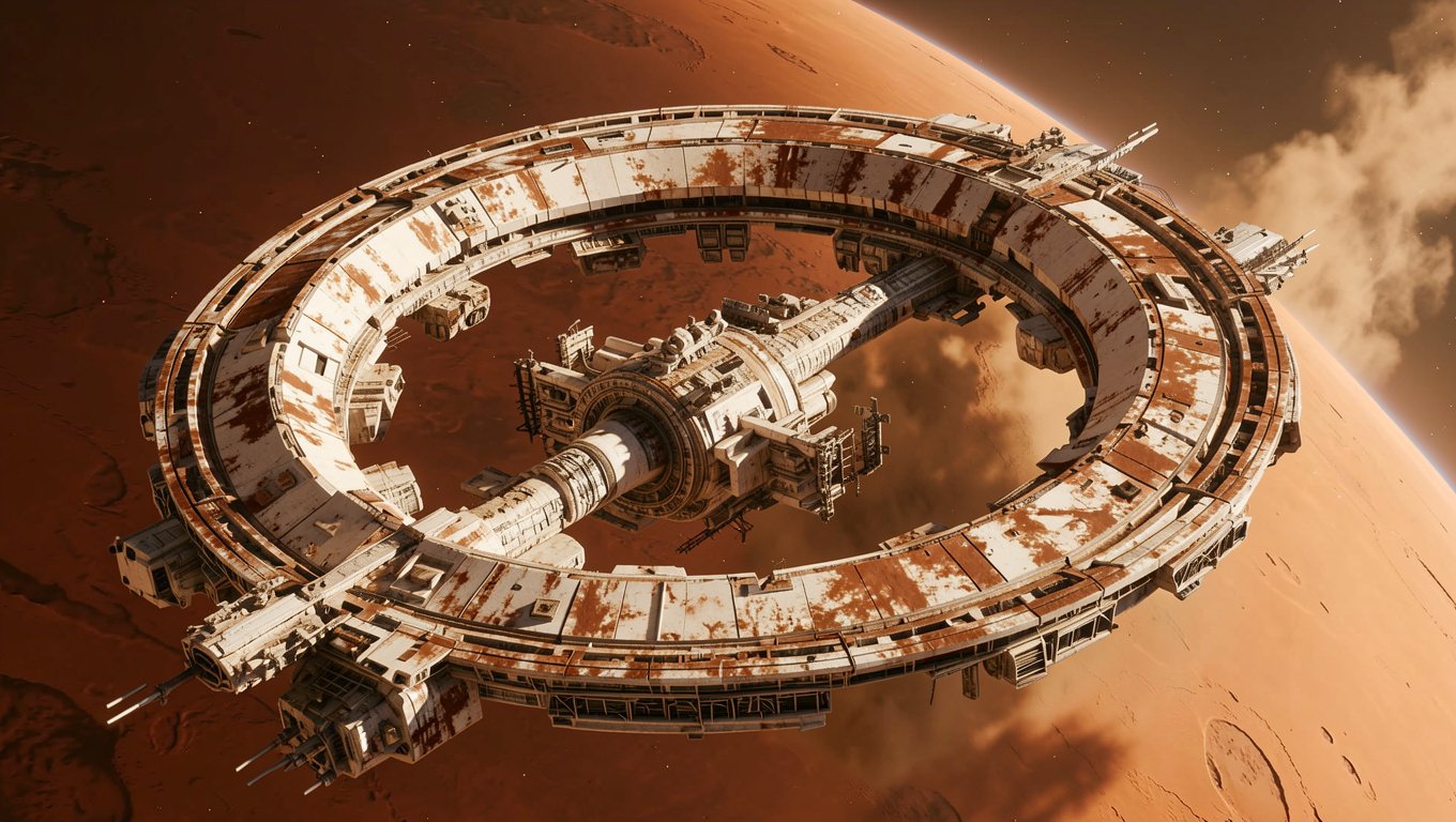 Rustfall Dropping In — orbital station above the red planet