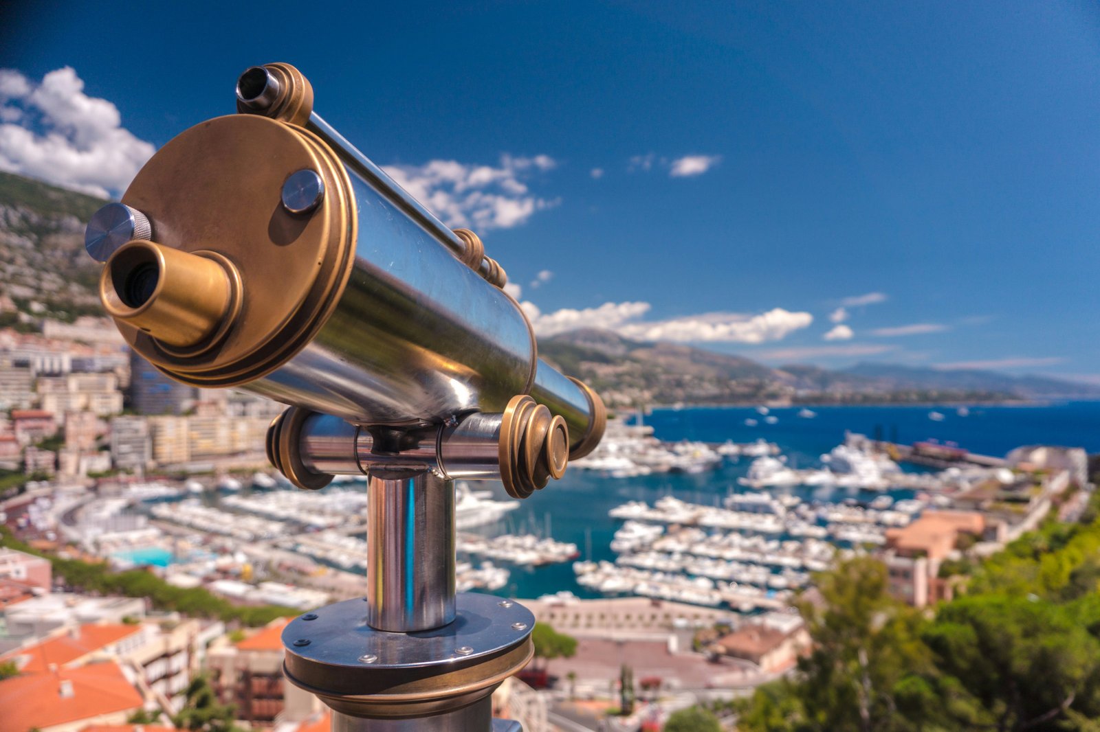 Monaco viewpoint with telescope overlooking Port Hercule and the Mediterranean