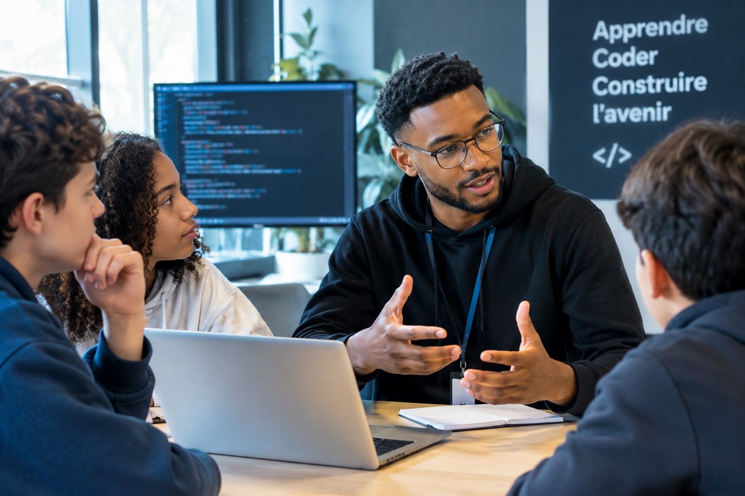 Un professionnel de la tech échange avec des étudiants autour d’une table, devant un écran de code et le mur « Apprendre, Coder, Construire l’avenir »