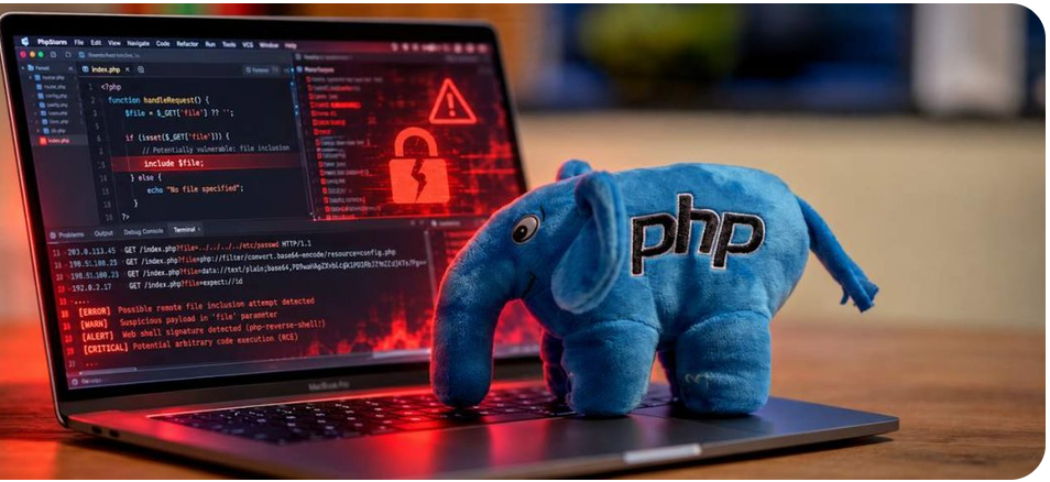 Éléphant en peluche PHP posé sur un ordinateur portable affichant une alerte de sécurité