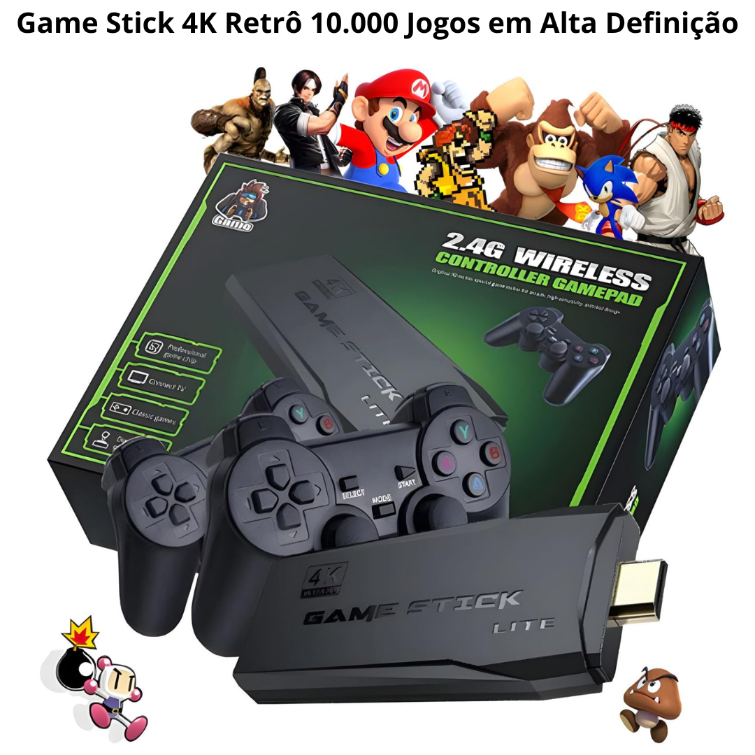Game Stick 4K Retrô com controles sem fio e 10.000 jogos