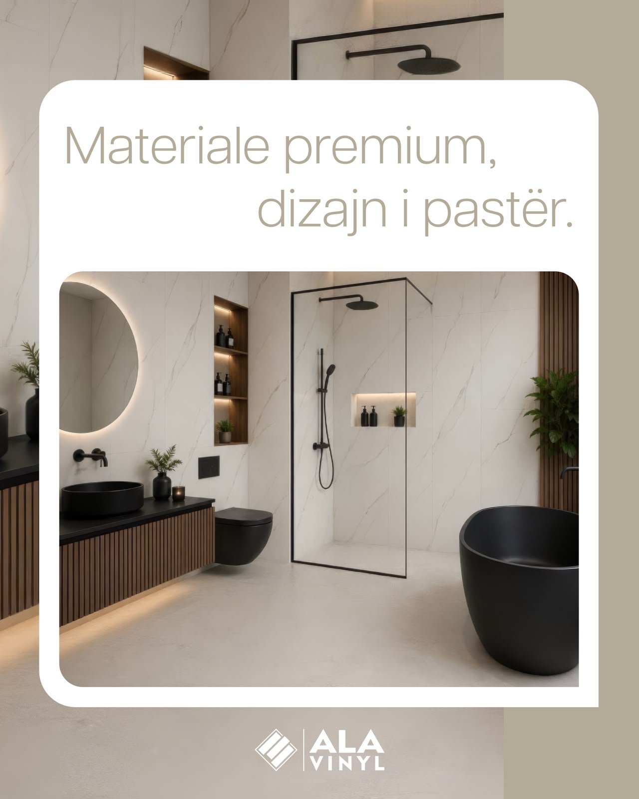 Banjo moderne me mermer të bardhë dhe dush me xham — materiale premium