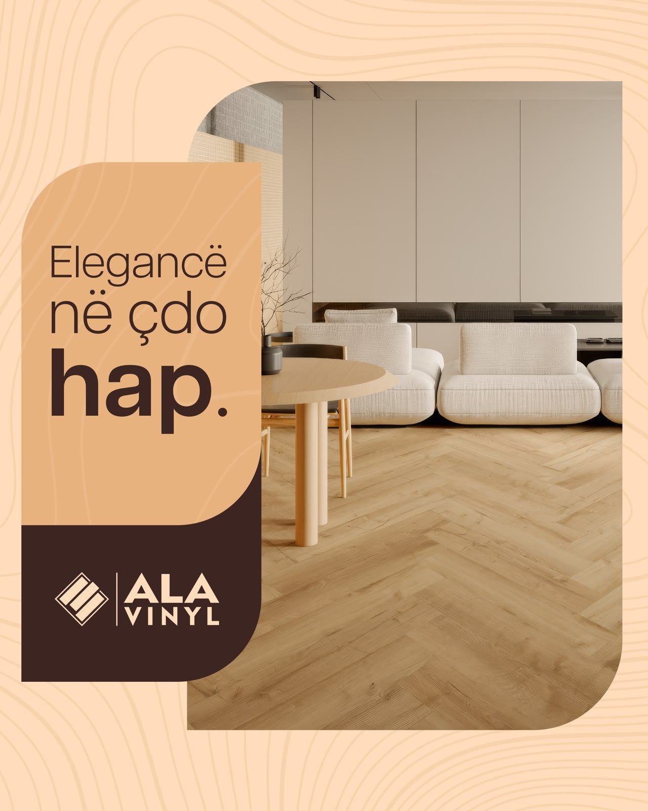 Dhomë ndenjeje me dysheme vinyl me motiv peshku — elegancë në çdo hap
