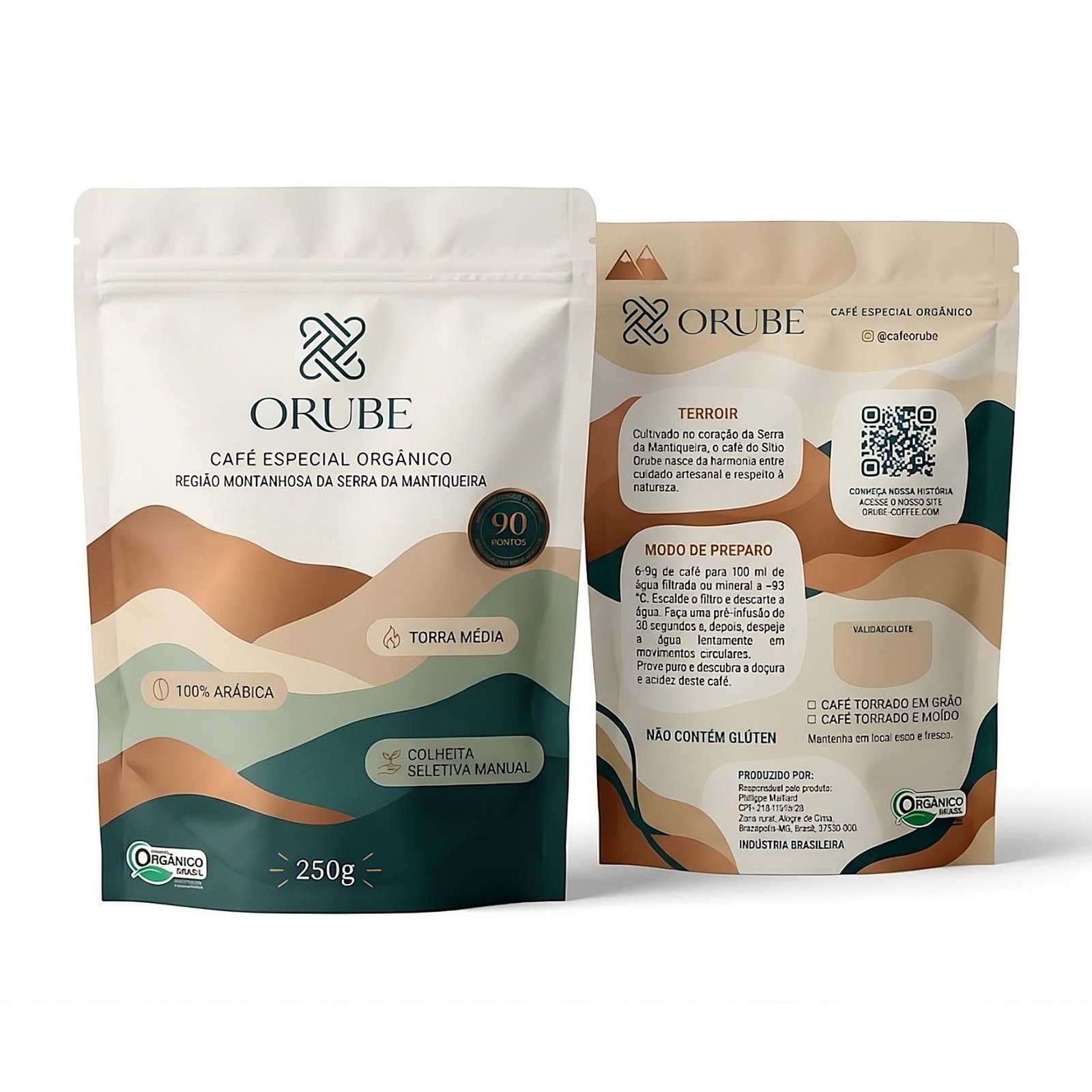 Embalagem Orube Coffee com os detalhes do rótulo frontal e traseiro
