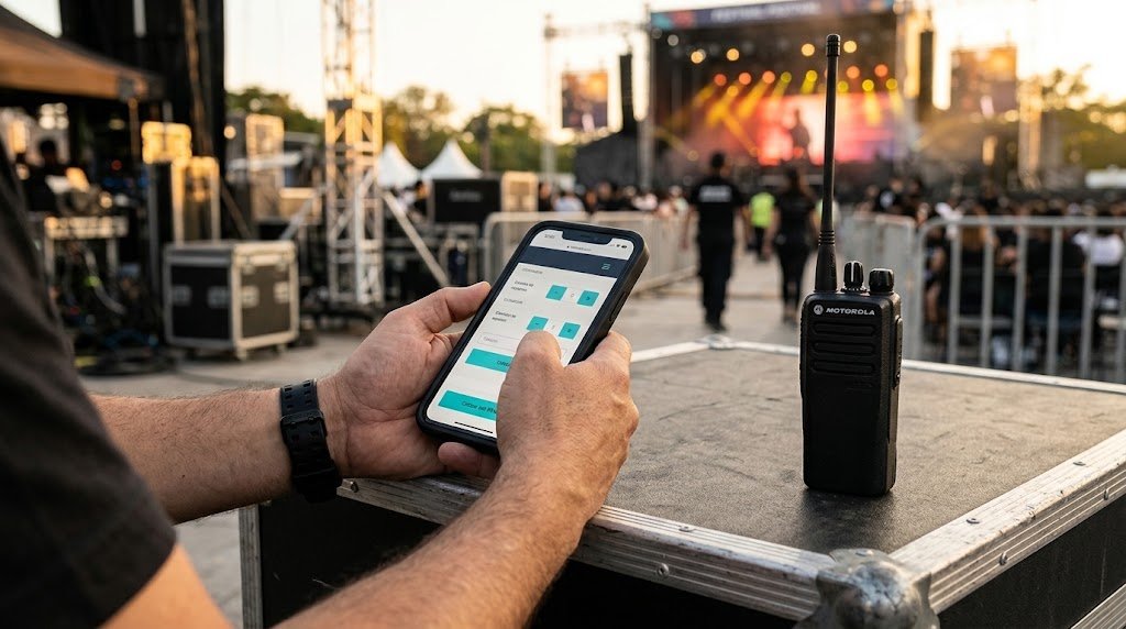 Coordinador de producción con radio Motorola y teléfono en un concierto