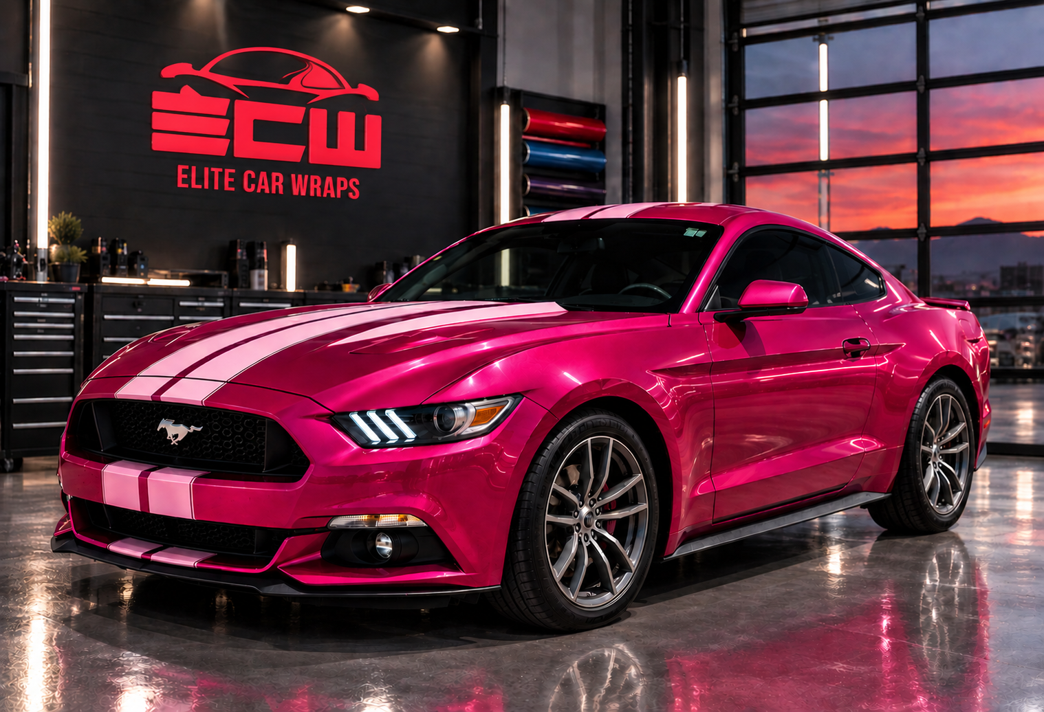 Satin chrome pink wrap with racing stripes on a sports car