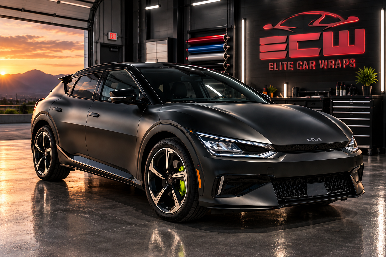 Satin black full color change wrap on a parked luxury car