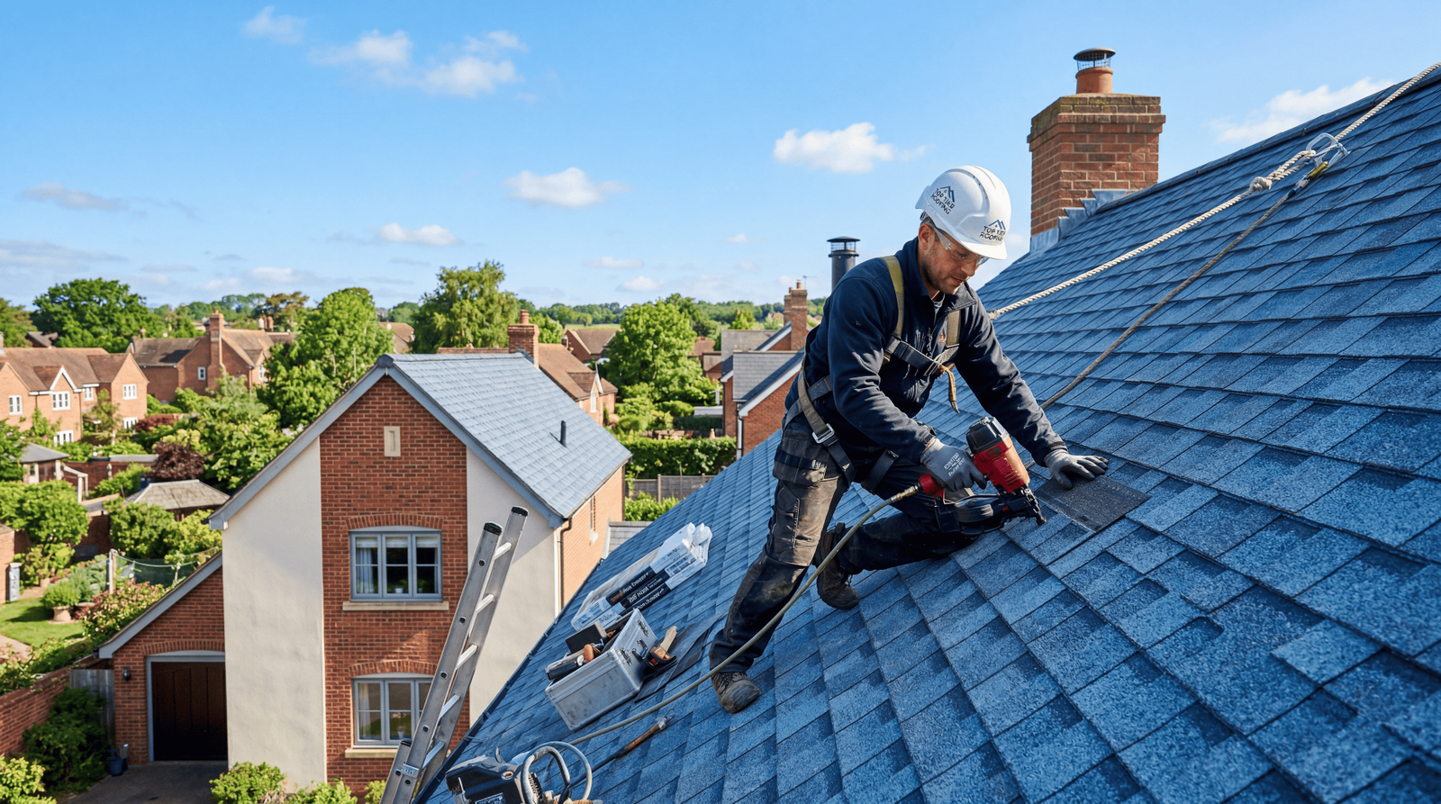 Professional roofers working on a residential property