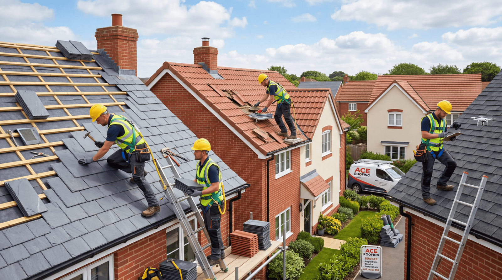 Professional roofing team working on a residential property
