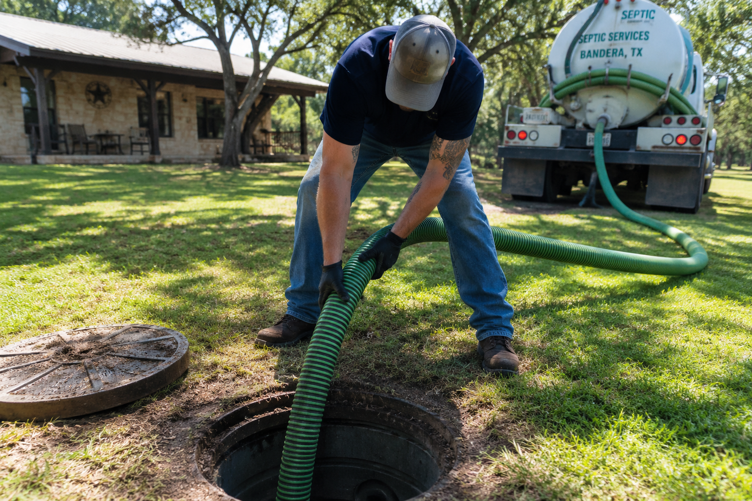Bandera Septic Services technician inspecting a septic tank riser in the Texas Hill Country