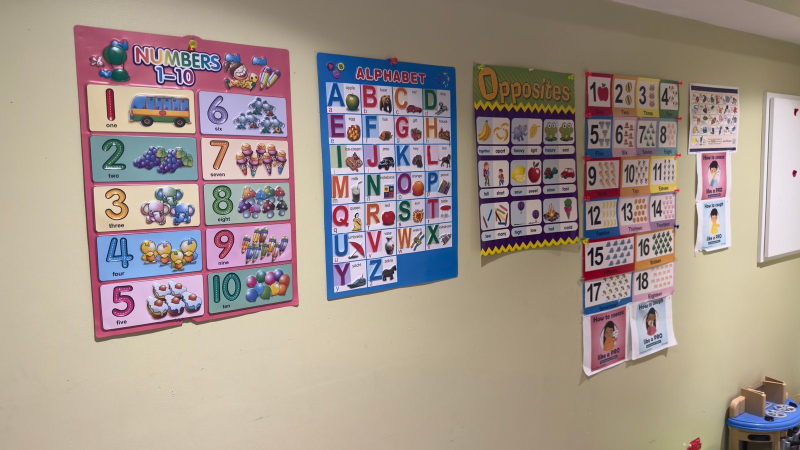 Educational wall posters for numbers, alphabet, and opposites in the learning corner