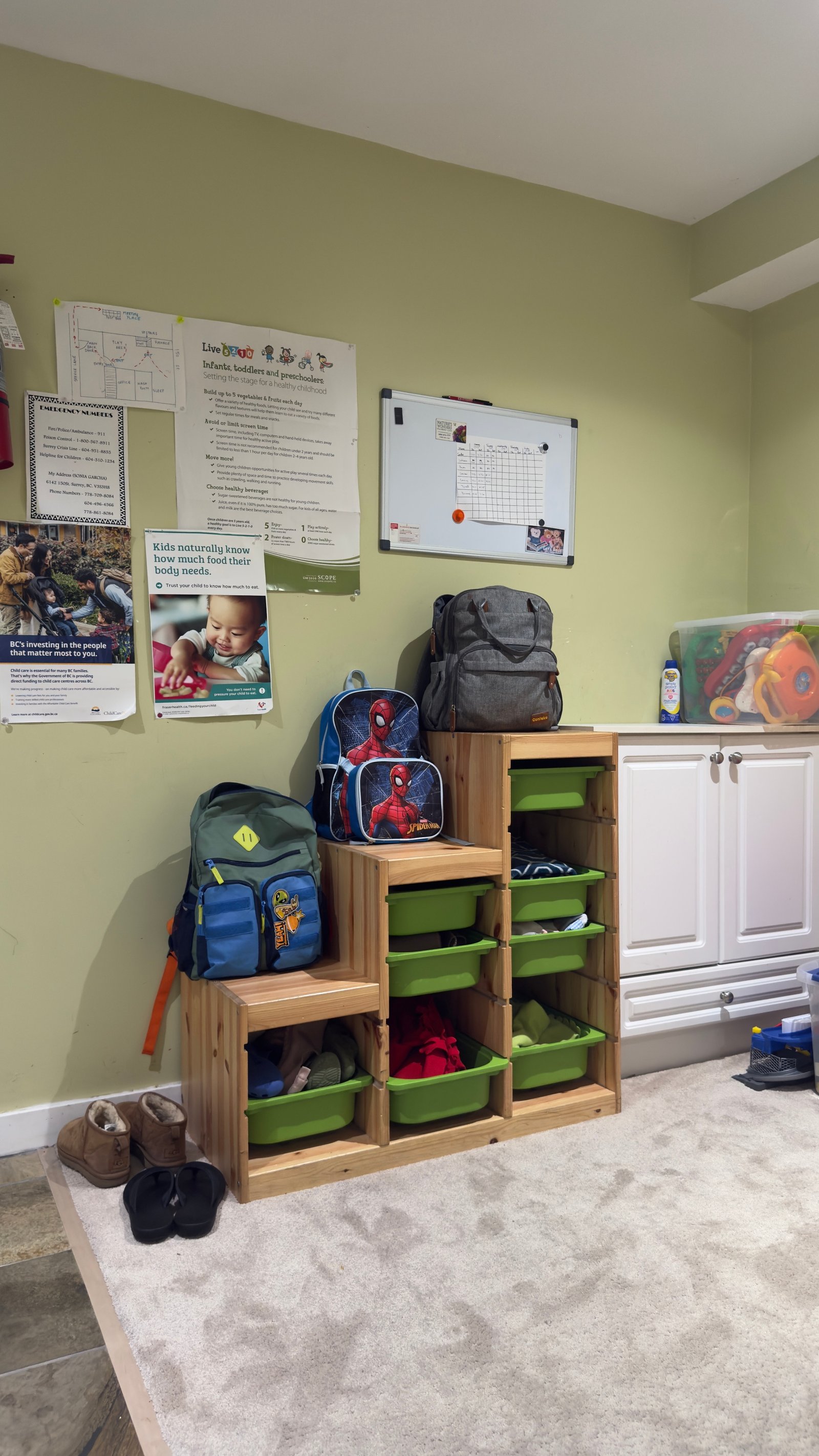 Organized cubby shelves with backpacks, green bins, and a tidy entry wall of family resources