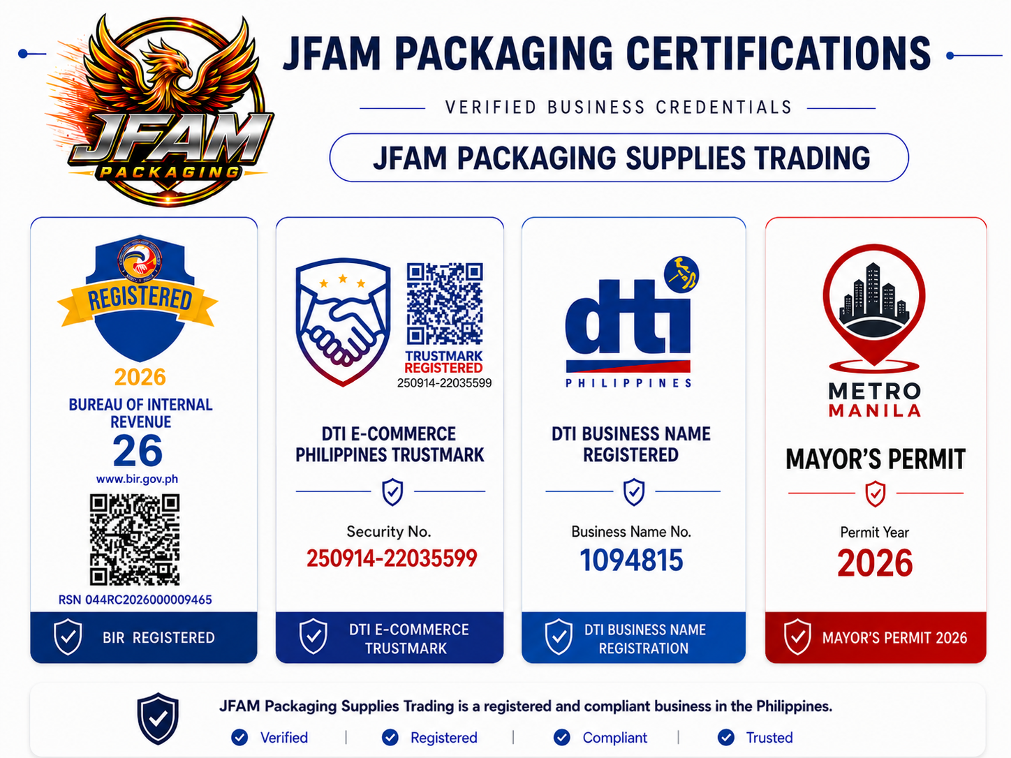 JFAM Packaging Certifications - BIR Registered, DTI E-Commerce Trustmark, DTI Business Name Registered, Mayor's Permit 2026