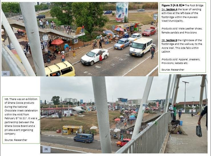 Elevated daytime views of vendors, pedestrians and traffic around the Accra Mall Enclave.