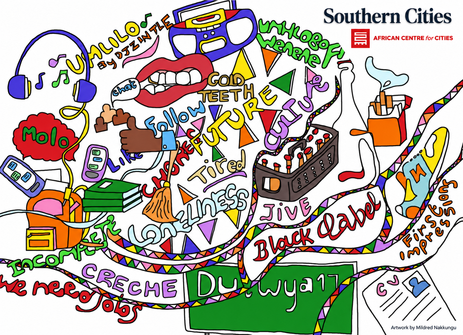 Southern Cities collaborative artwork by Mildred Nakkungu, used for Joe Quarcoo’s Musical Urbanism project.
