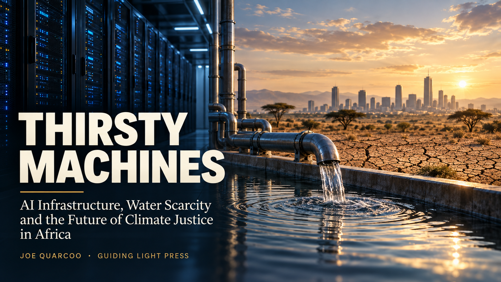 AI data-centre servers and cooling infrastructure beside a water-stressed African landscape, illustrating the environmental footprint of artificial intelligence.