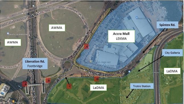 Annotated aerial map of the Accra Mall Enclave study area and surrounding municipal sections.