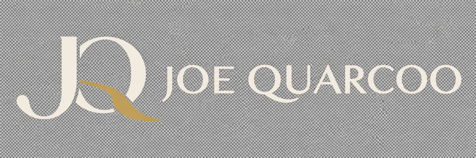 Reversed Joe Quarcoo horizontal logo in warm cream and muted gold on a transparent background.