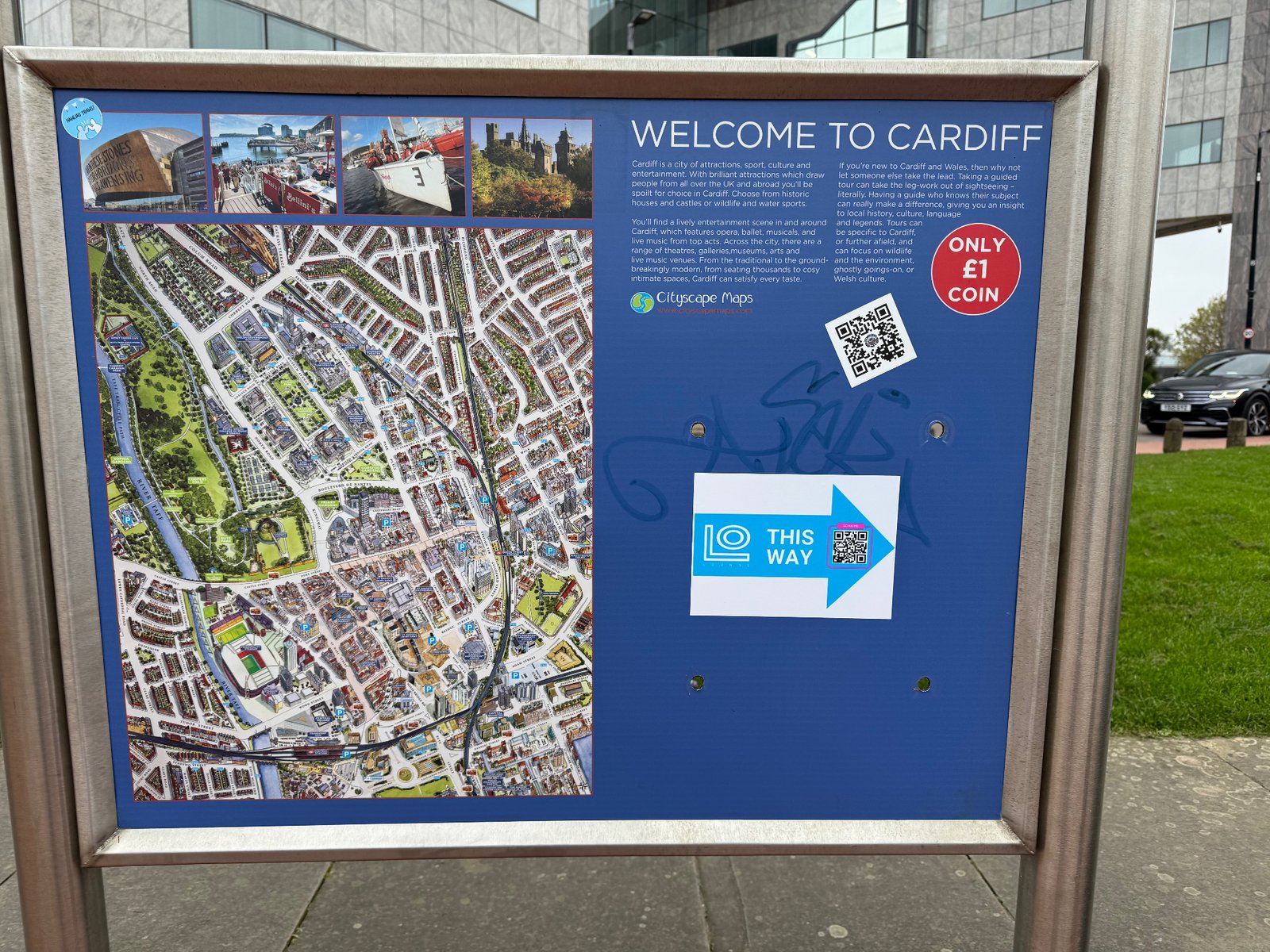 Public orientation map showing streets and landmarks in central Cardiff.