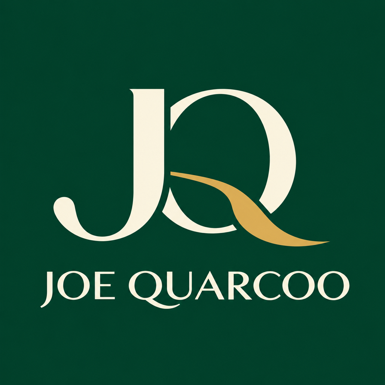 Cream JQ monogram and Joe Quarcoo name with a muted-gold pathway on a deep-green square background.