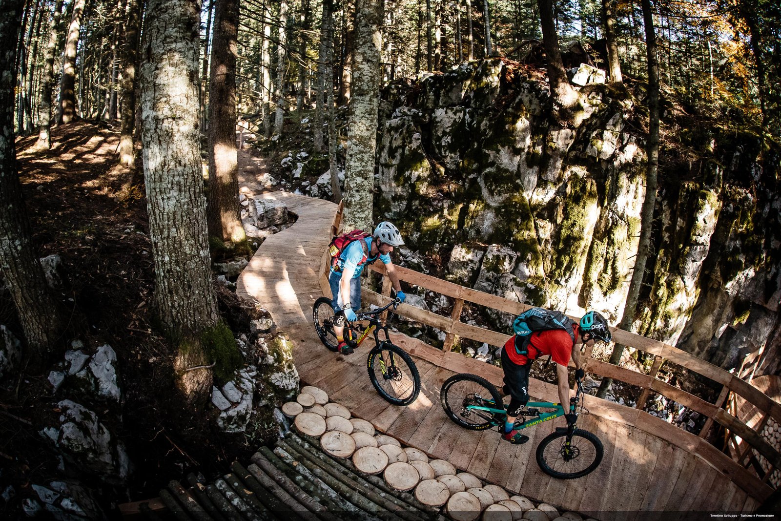 Mountain bikers on wooden trail bridge through forest in Trentino Dolomites