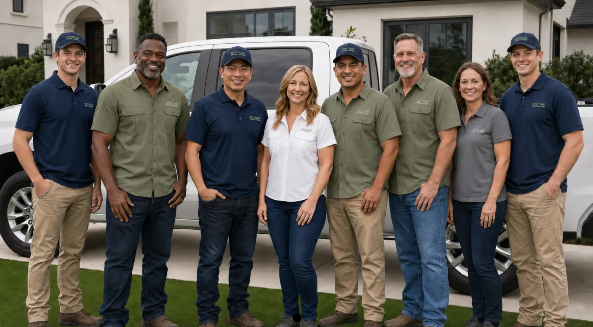 The SynTurf Care team standing together in front of a company truck outside a Houston home