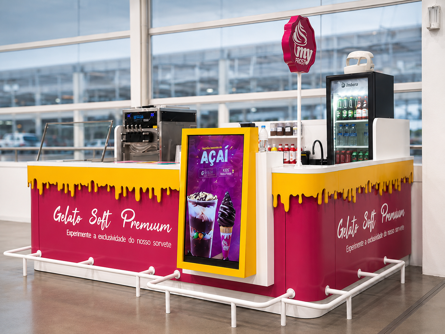 Premium store model with pink and yellow counter, ice cream machines, large storefront window