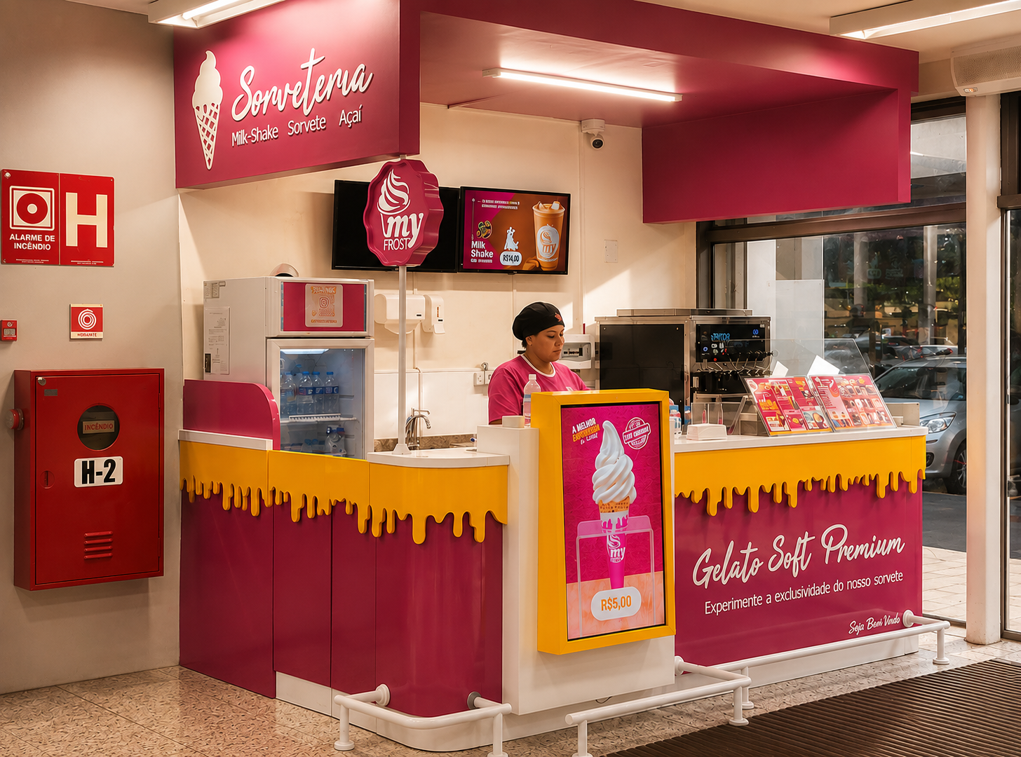 Store with pink wall, white counter, premium modern design with storefront window