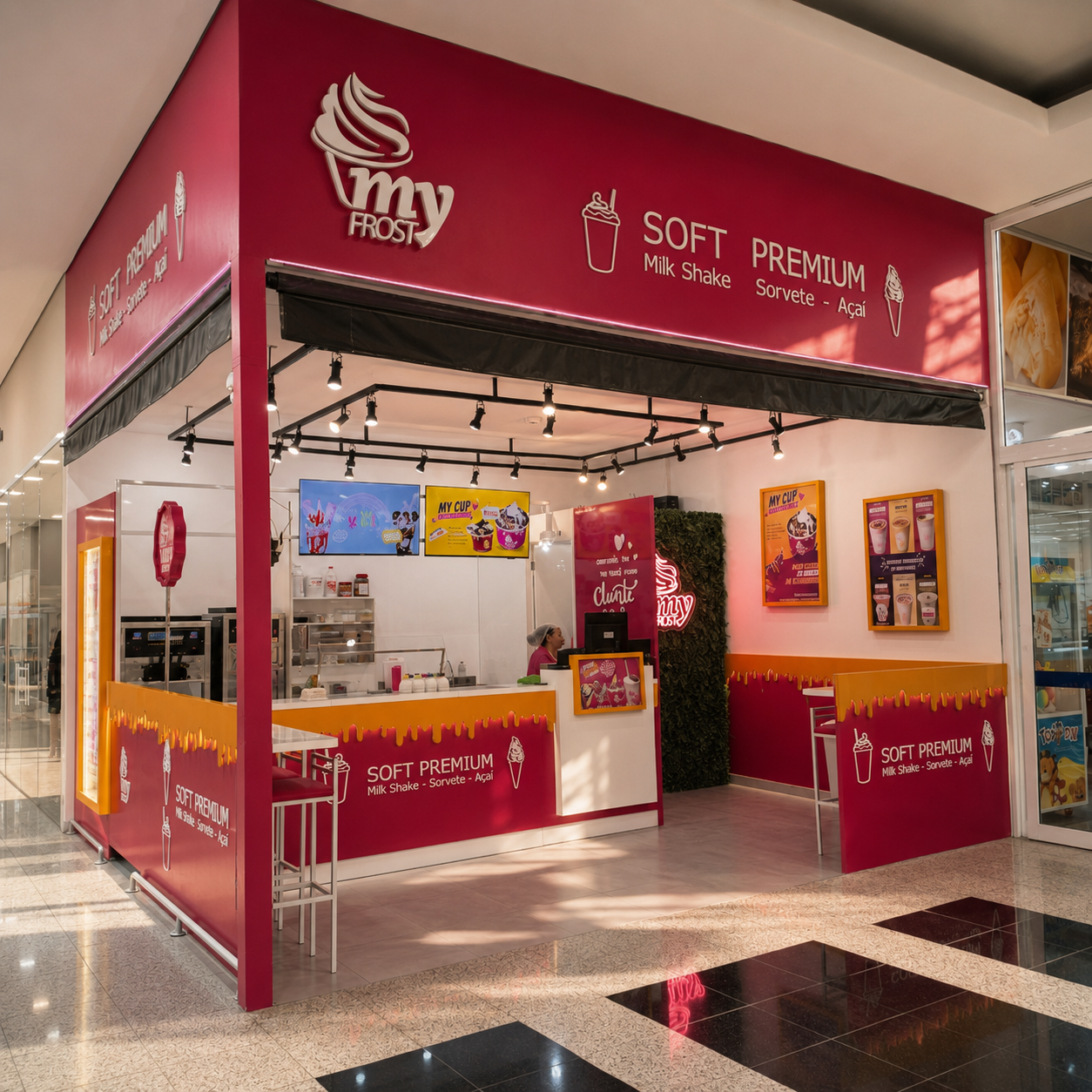 Store with pink wall, white counter, premium modern design with lighting