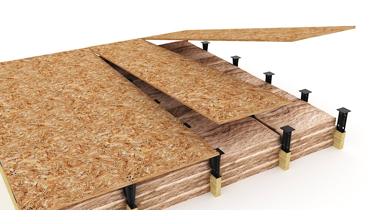 Wooden loft boarding panels fitted across attic joists above insulation