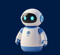 White and blue robot character with cyan eyes